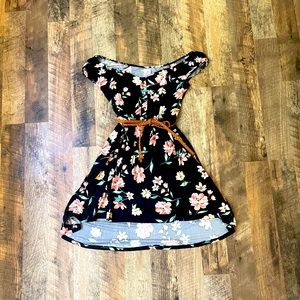 Black floral belted dress off the shoulder